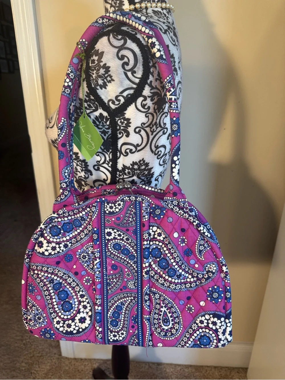 Vera Bradley Quilted Paisley Dome Kiss Lock Tote in Fuchsia and Blue NWT